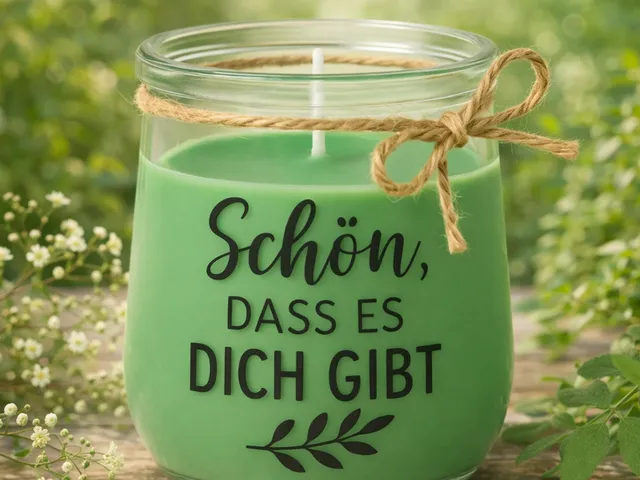 Handgegossene Kerze im Glas – mit liebevollem Spruch beplottet